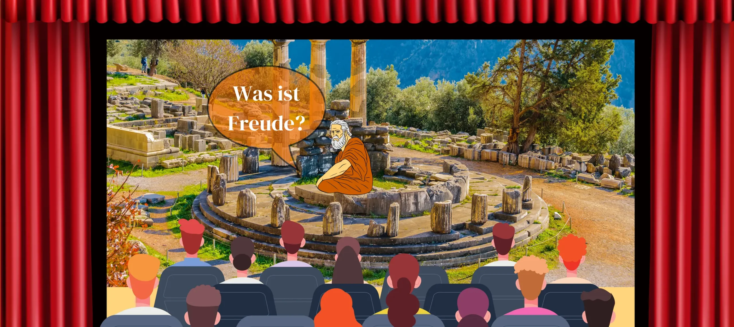 Auf dem Bild ist Sokrates auf dem Martkplatz abgebildet und wie er über ein Gespräch das Wissen des Publikums hinterfragt.